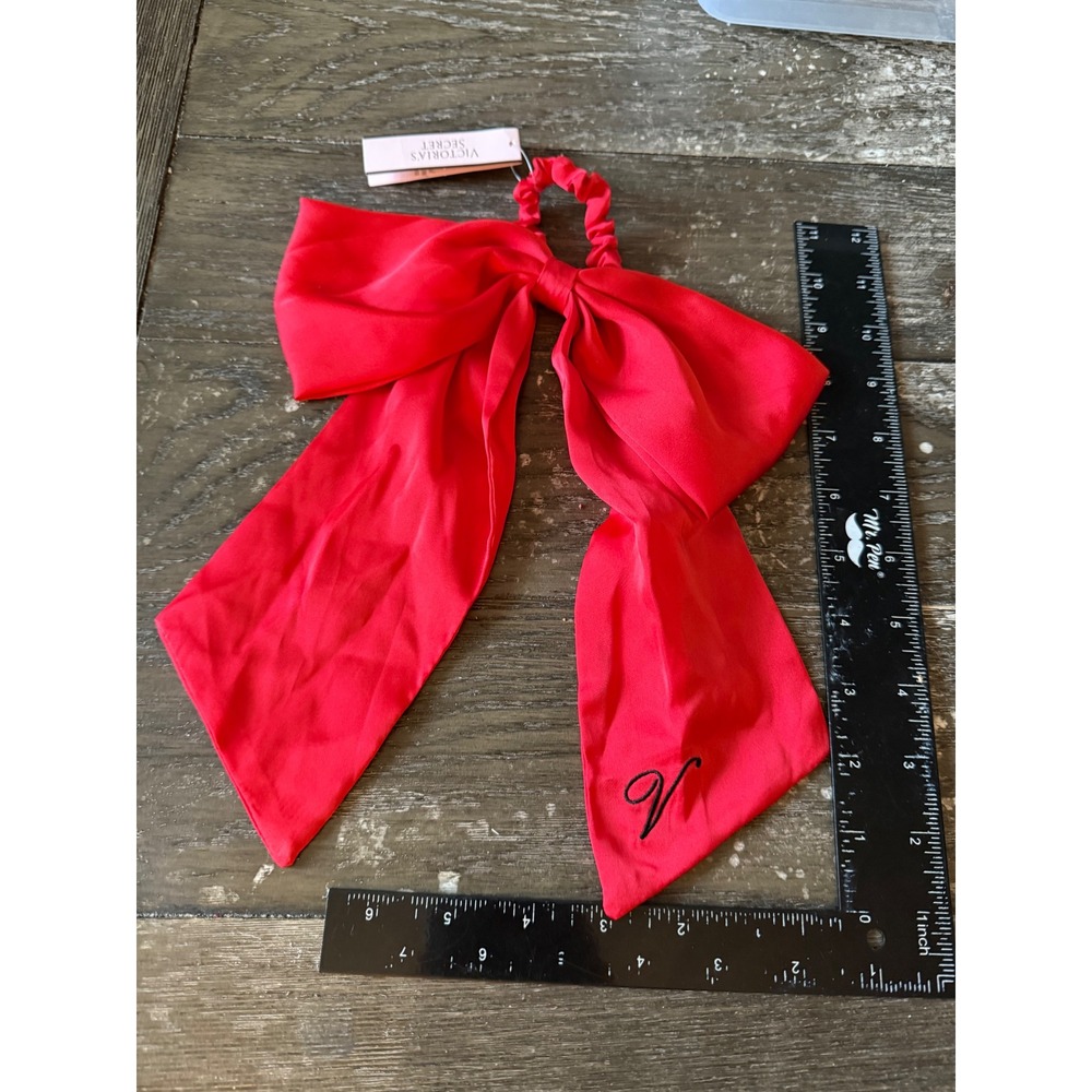 Victorias Secret Red Satin Oversized Bow Hair Scrunchie Logo Embroidered 409688